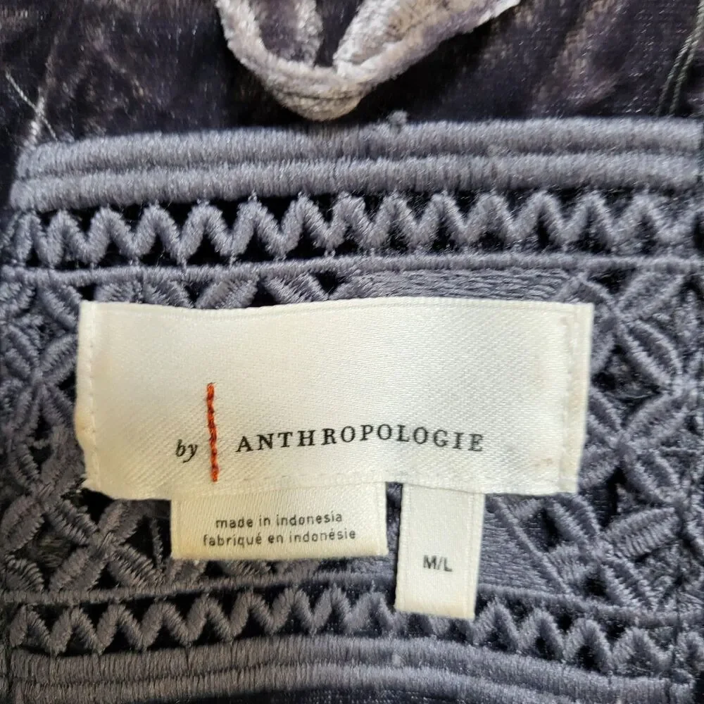 ANTHROPOLOGIE Mariposa Robe Womens M/L Charcoal Velvet Tie Faux Fur Plush Cozy - Picture 6 of 8